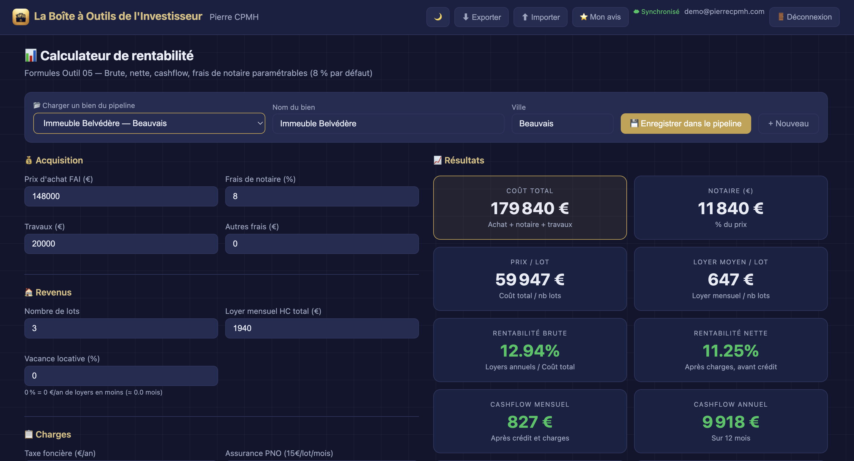 Calculateur de rentabilité de l'application : coût total, rentabilité brute et nette, cashflow mensuel et annuel