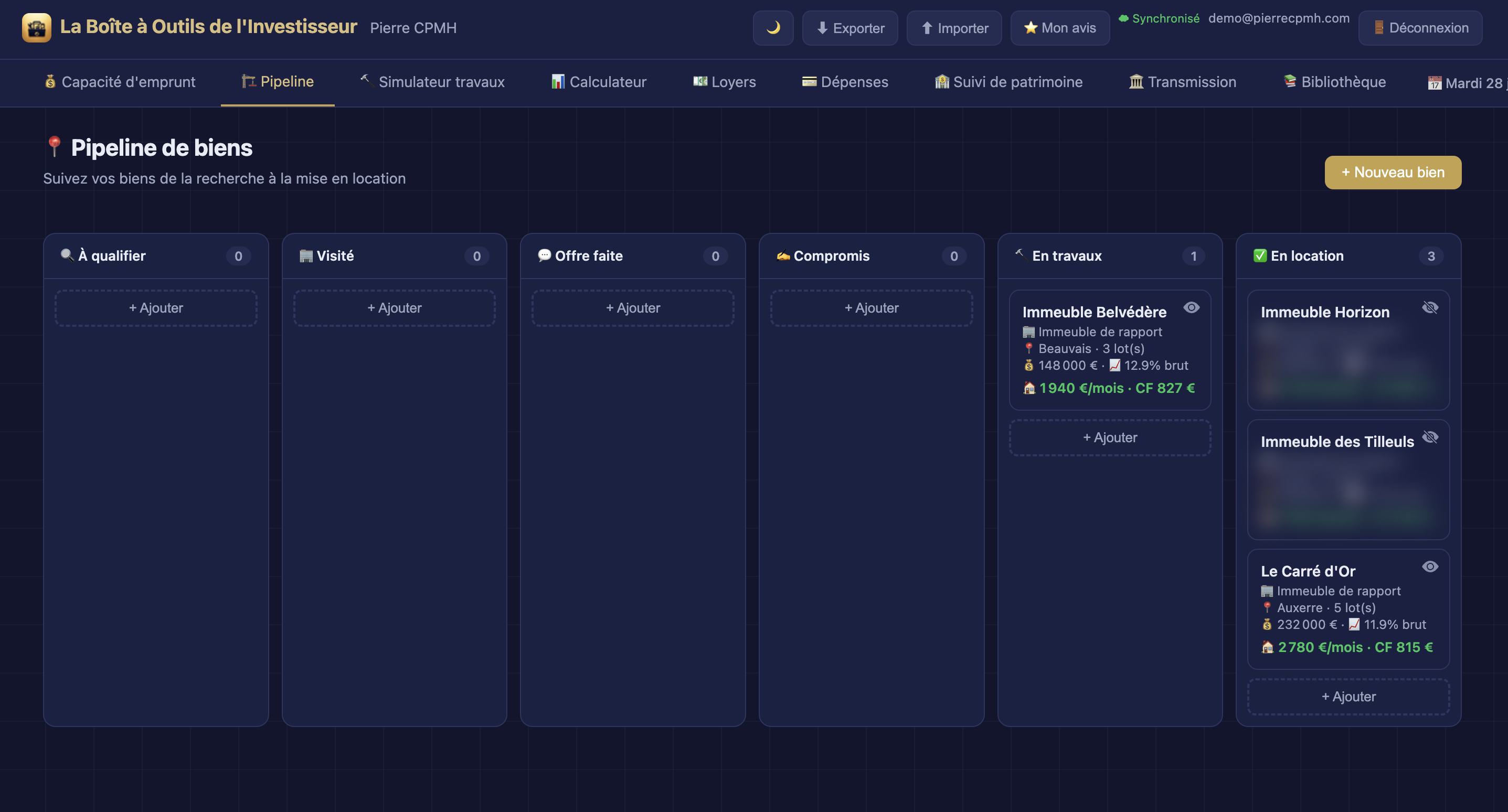 Pipeline de biens en kanban : à qualifier, visité, offre faite, compromis, en travaux, en location
