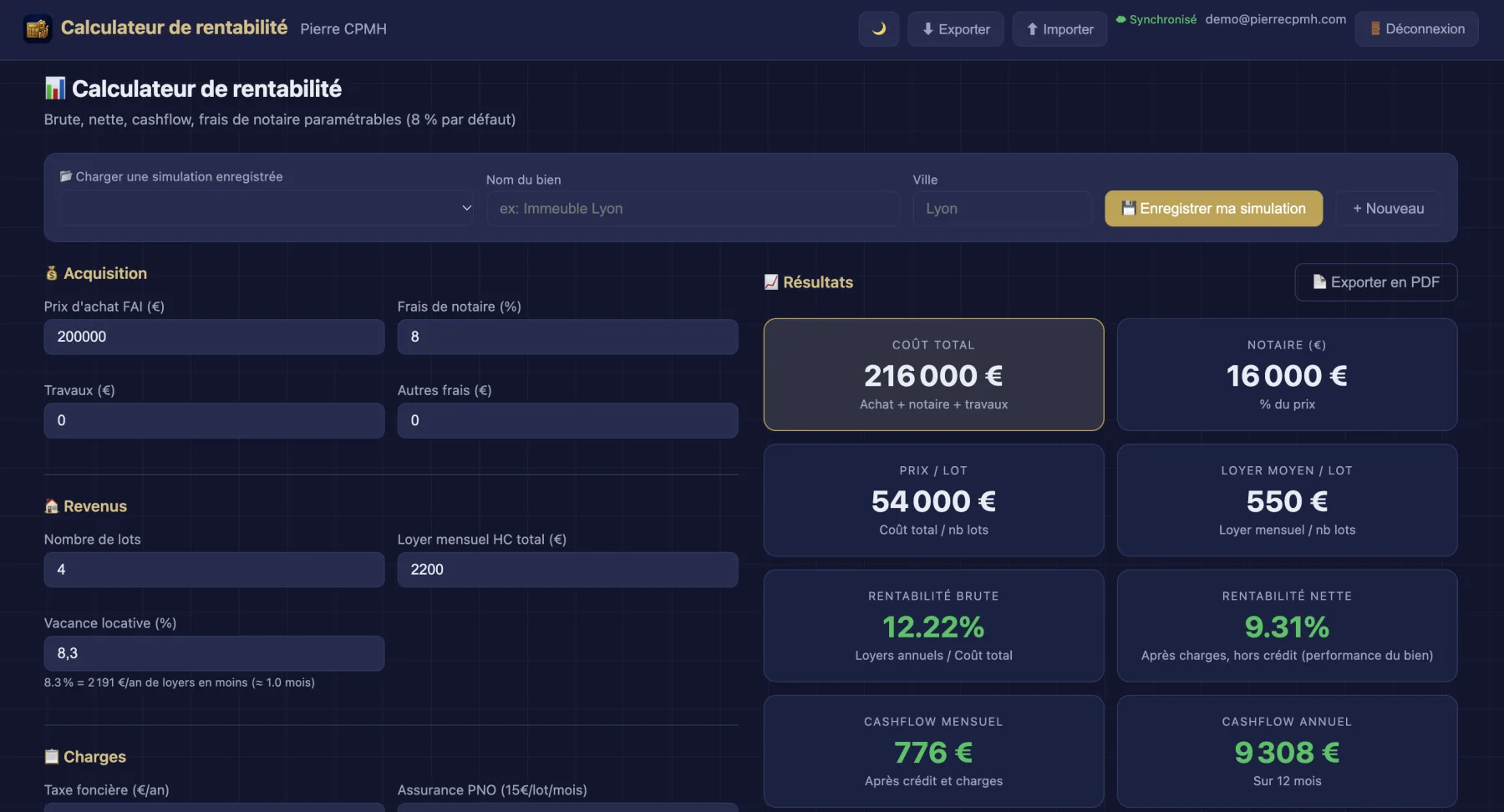 Le calculateur : prix d'achat, travaux, loyers et vacance à gauche, et à droite le coût total, la rentabilité brute et nette et le cashflow mensuel