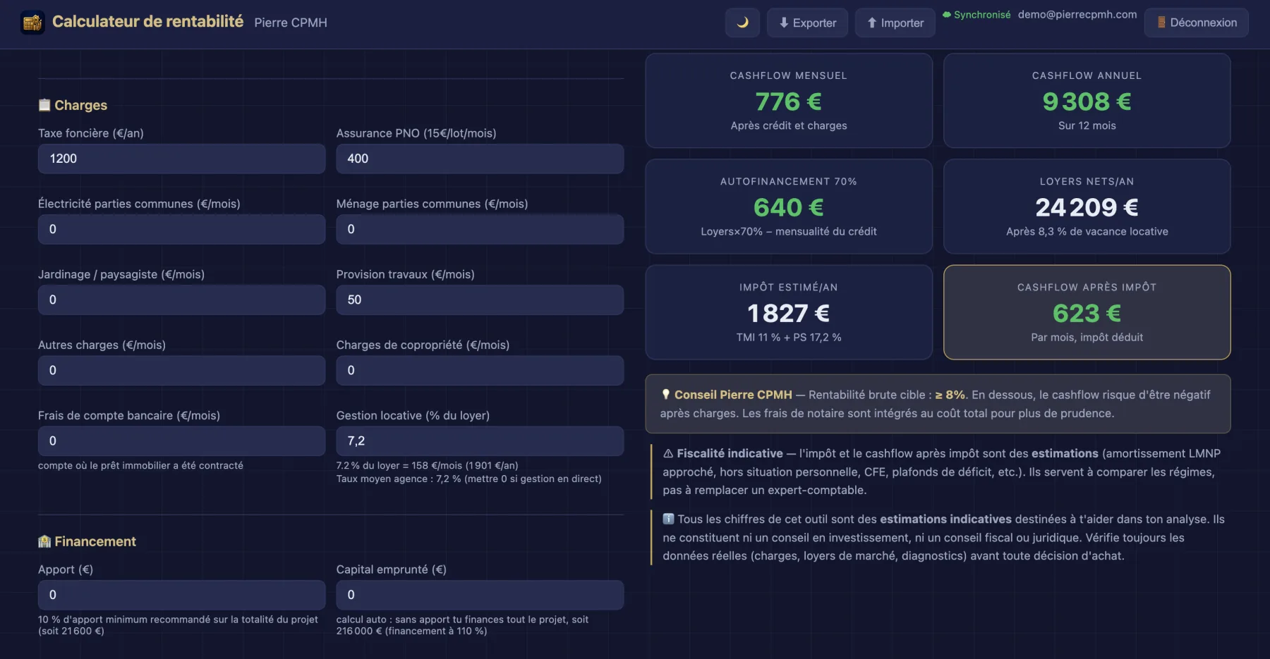 Le bas du calculateur : saisie des charges et du financement à gauche, et à droite l'autofinancement à 70 %, les loyers nets annuels, l'impôt estimé et le cashflow après impôt