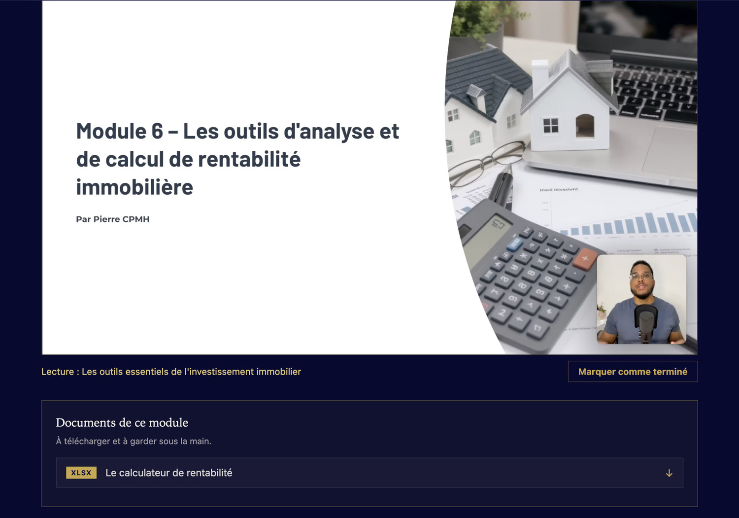 Le lecteur vidéo de l'espace membre, avec les documents du module
